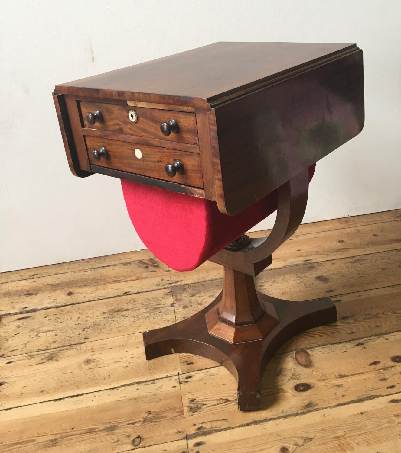 VICTORIAN MAHOGANY PEDESTAL DROP-LEAF SEWING TABLE, with two drawers and pull out storage