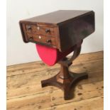 VICTORIAN MAHOGANY PEDESTAL DROP-LEAF SEWING TABLE, with two drawers and pull out storage