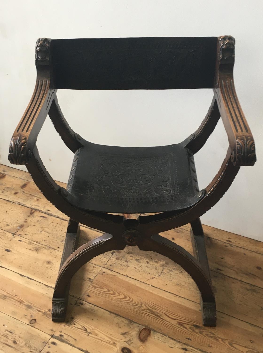 19th CENTURY SAVANAROLA FOLDING CHAIR, with ornate embossed leather seat and back panels 89cm high x - Image 2 of 3