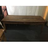 FRENCH 19th CENTURY OAK PLANK TOP FARMHOUSE TABLE, with single drawer on tapered legs