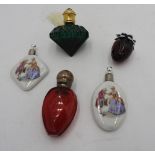 VICTORIAN SILVER TOP CRANBERRY GLASS SCENT BOTTLE, and four other scent bottles