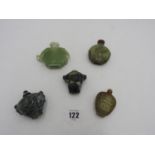 GROUP OF FIVE CHINESE CARVED HARDSTONE SNUFF BOTTLES 20TH CENTURY largest, 6cm high, smallest, 4cm