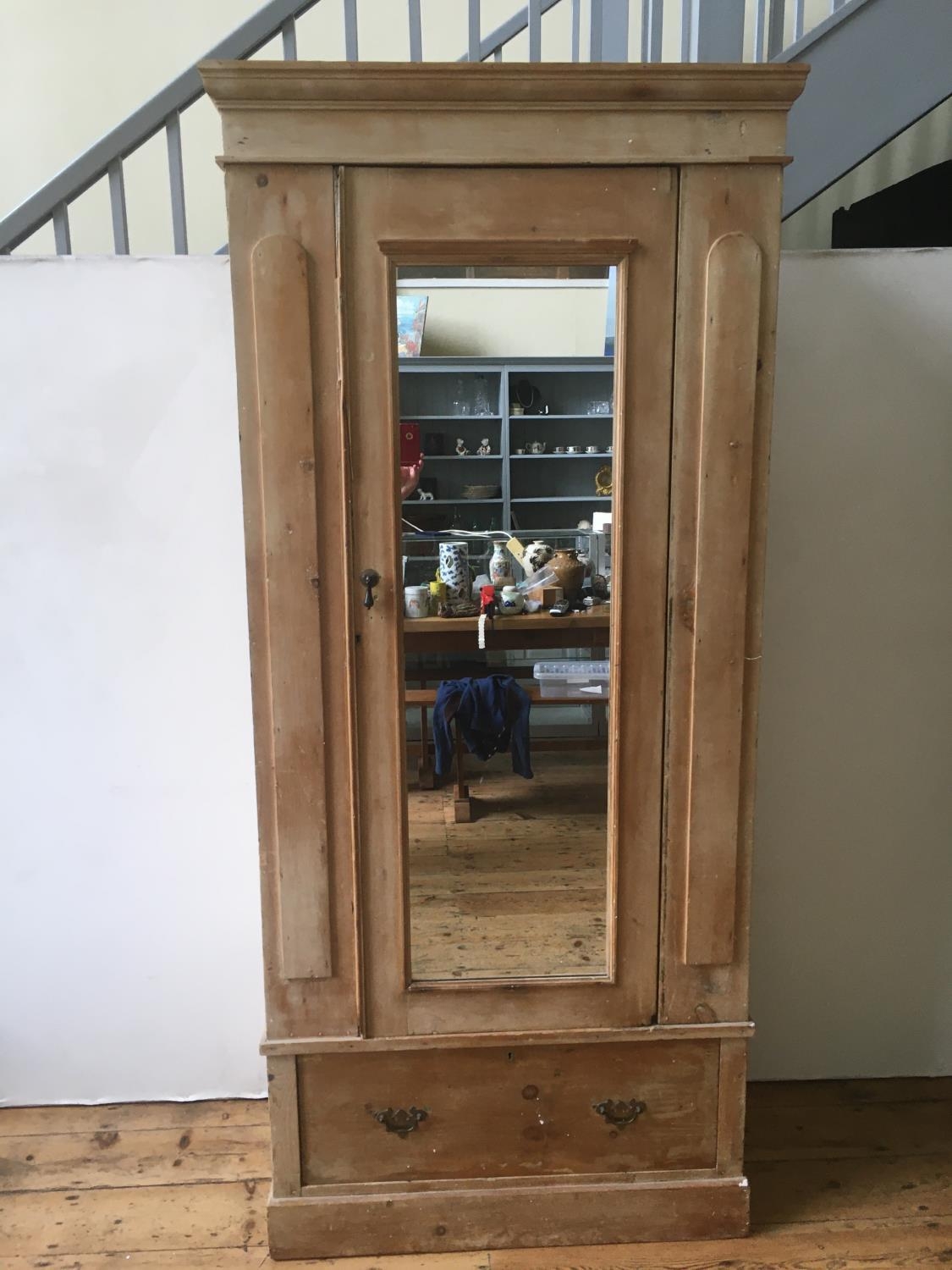 19th CENTURY WAXED PINE SINGLE WARDROBE WITH MIRROR FRONT DOOR AND LINEN DRAWER 202 x 89 x 47cm - Image 4 of 4