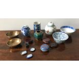 ORIENTAL SPICE JARS, BOWLS, TEAPOT LIDS AND VASES (11 pieces)