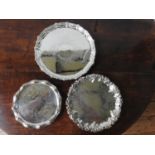 LARGE SILVER PLATED SWAG DECORATED ORNATE SALVER , 36cm dia AND TWO SMALLER SALVERS