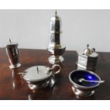 SILVER PLATED OCTAGONAL BALUSTER SUGAR SIFTER, SILVER PLATED MUSTARD POT AND 3-PIECE PLATED