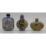 THREE CHINESE FAMILLE ROSE ENAMEL SNUFF BOTTLES 20TH CENTURY largest, 6cm high, smallest, 5.5cm high
