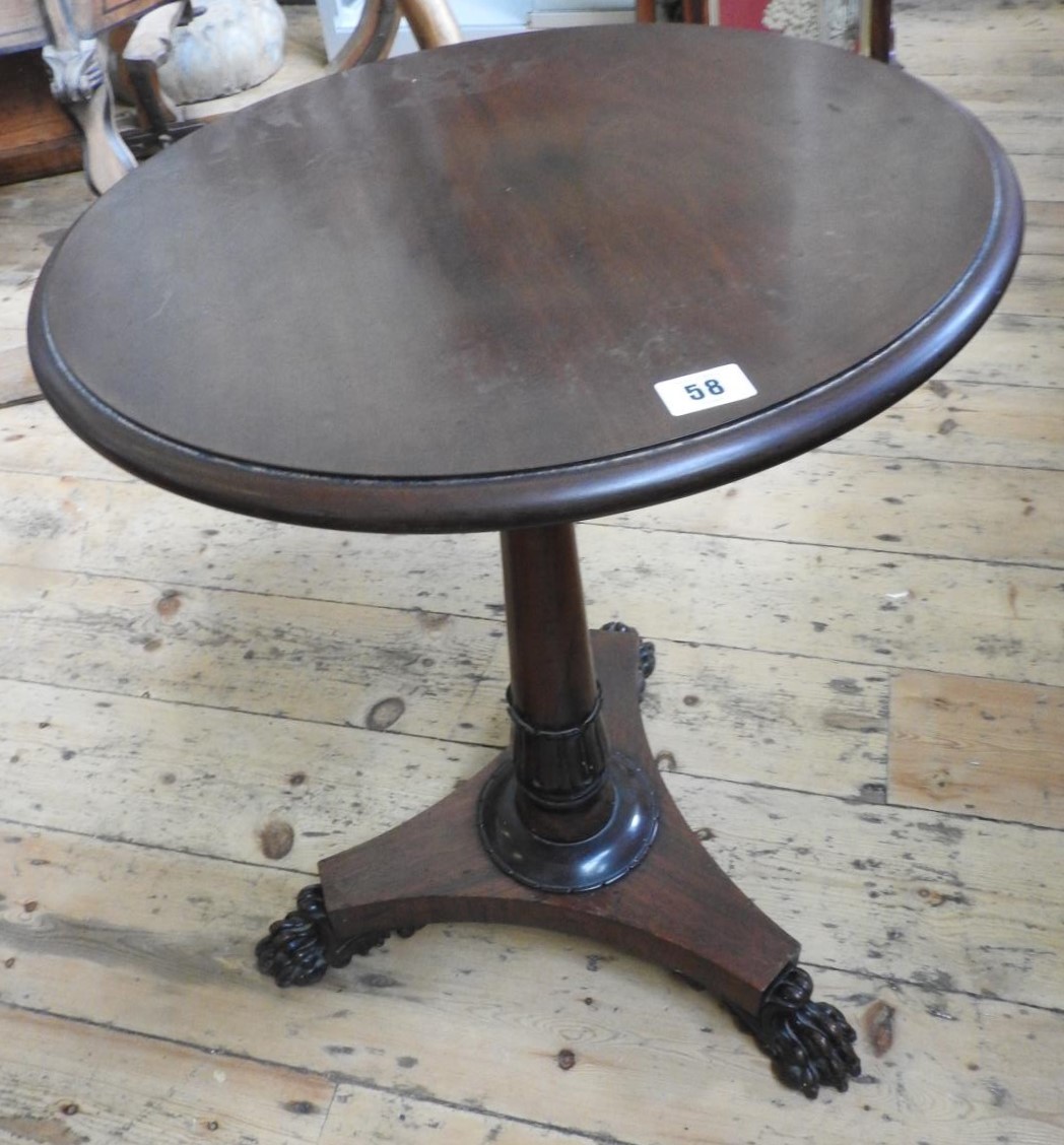 VICTORIAN ROSEWOOD CLAW FOOT TRIPOD LAMP TABLE 64cm high, 48cm dia