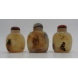 THREE CHINESE CARVED AGATE SNUFF BOTTLES 20TH CENTURY 9cm & 8cm high