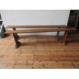 A PAIR OF FRENCH 19th CENTURY FRUIT WOOD BENCHES height 48cm, width 200cm, depth 20cm