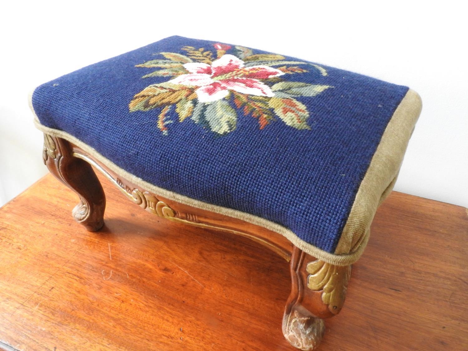 LOUIS XV STYLE STAINED BEECHWOOD AND UPHOLSTERED STOOL 20TH CENTURY enriched with parcel gilt 23cm