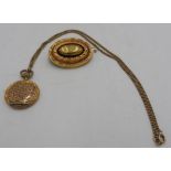 VICTORIAN GOLD MOURNING BROOCH AND FOB ON GOLD CHAIN