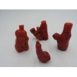 FOUR CHINESE NATURAL RED CORAL SNUFF BOTTLES EARLY 20TH CENTURY largest, 10cm high, smallest, 7.