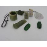 TWO CHINESE JADEITE LION SEALS 20TH CENTURY together with an ARCGERS RING, A PENDANT, TWO BETLE