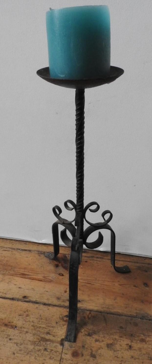 HAND CRAFTED WROUGHT-IRON TRIPOD CANDLE STAND WITH SCROLL DECORATION, 56cm high, and a child's chair