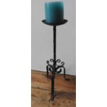 HAND CRAFTED WROUGHT-IRON TRIPOD CANDLE STAND WITH SCROLL DECORATION, 56cm high, and a child's chair