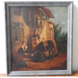 OIL ON PANEL DEPICTING PACK DONKEY AND TRADER AT INN