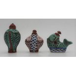 THREE CHINESE 'FISH-FORM' PORCELAIN SNUFF BOTTLES 20TH CENTURY with apocryphal red character marks