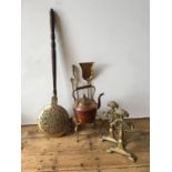 VICTORIAN COPPER KETTLE, PIERCED BRASS TRIVET AND PIERCED BRASS WARMING PAN