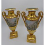 PAIR OF PARIS PORCELAIN GILT-GROUND VASES 20TH CENTURY the twin handled vases painted with port