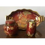 CARLTON WARE 'ROUGE ROYAL' LUSTRE GLAZE BOWL, VASE AND DISH