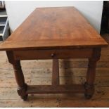 A FRENCH 19th CENTURY FRUITWOOD STRETCHER BAR FARMHOUSE TABLE WITH DRAWER 79cm high, 190cm long,