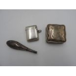 HALLMARK SILVER VESTA CASE AND WHITE METAL STAMP BOX and a hallmark silver cutlery handle