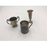 HALLMARK SILVER SMALL TANKARD (London 1830), 2-HANDLED CUP (Birmingham 1931) AND TAPERED VASE (