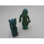 TWO CHINESE CARVED TURQUOISE FIGURES 20TH CENTURY 7cm & 9cm high