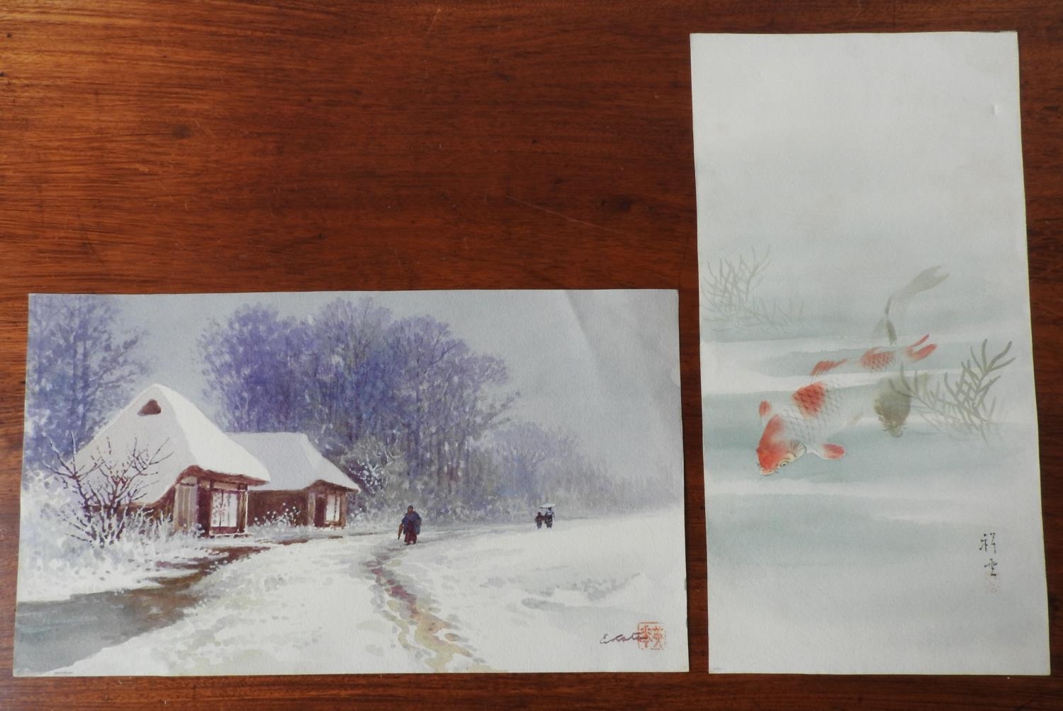 TWO JAPANESE WATERCOLOURS ON PAPER EARLY 20TH CENTURY one depicting a winter scene, the other