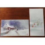 TWO JAPANESE WATERCOLOURS ON PAPER EARLY 20TH CENTURY one depicting a winter scene, the other