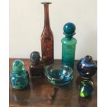 COLOURED STUDIO GLASS DECANTER, BOWL, VASE AND OTHER STUDIO GLASS WARE including two bottles with
