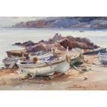 JOSEP SARQUELLA (SPANISH 1928-2000) FISHING BOATS signed and dated 81', oil on canvas, framed 39cm