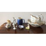 GILDED CREAM GLAZE JUG AND BASIN, ROYAL DOULTON FIGURE AND A PAIR OF CERAMIC CANDLESTICKS, willow