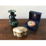 LAUDER BUTTERFLY DECORATED VASE, GILDED TRINKET POT AND ROYAL WORCESTER TRINKET POT