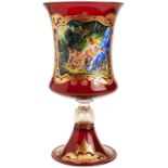 A MURANO RED GLASS BALUSTER VASE the bowl decorated in gilt with a hand-painted panel depicting '