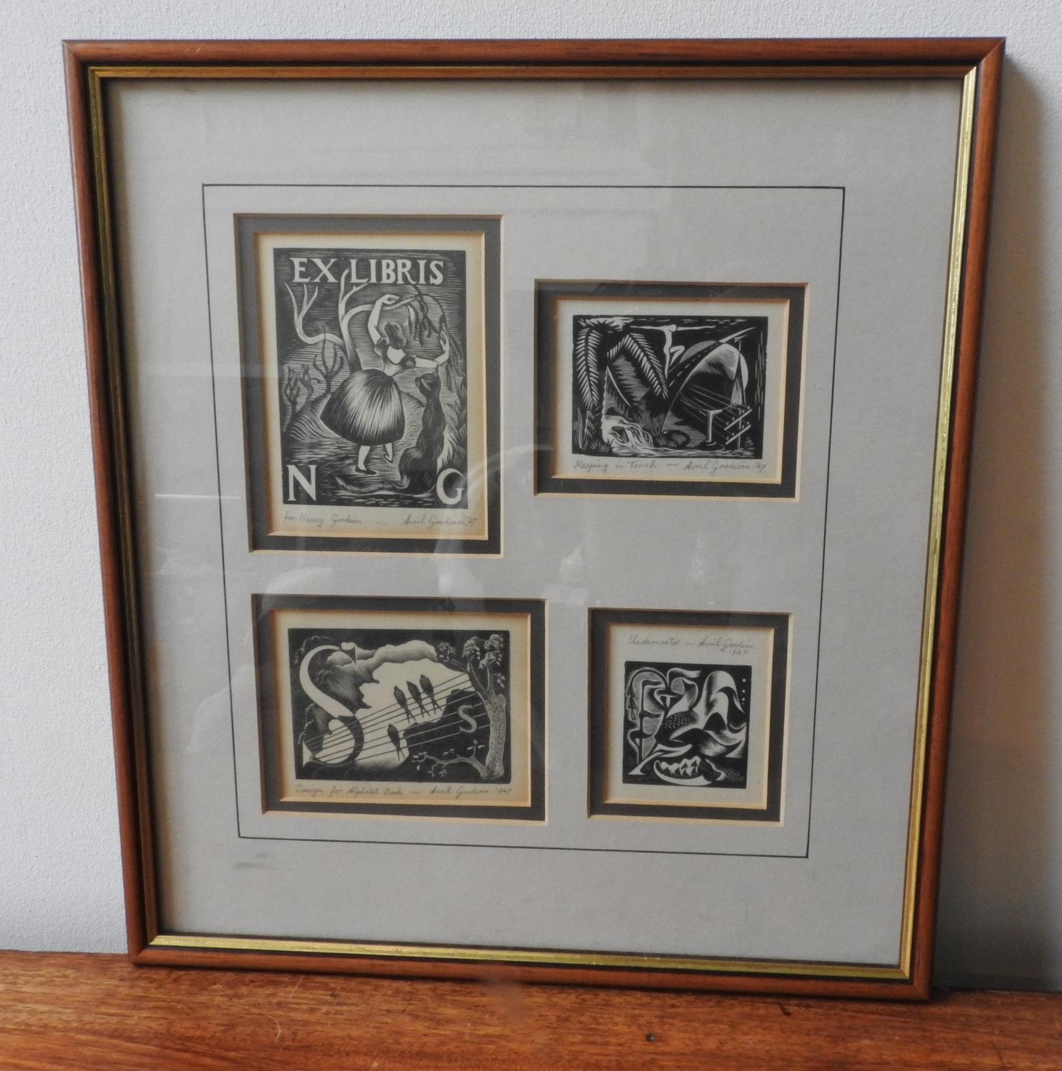 AVRIL GOODWIN FOUR WOODBLOCK PRINTS signed and dated 47', framed as one largest, 11cm high, 8.5cm