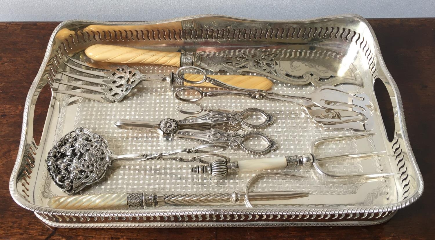 SILVER PLATED GALLERY TRAY, PAIR OF BONE HANDLE FISH SERVERS AND GRAPE SNIPS, pair of ornate
