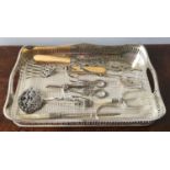 SILVER PLATED GALLERY TRAY, PAIR OF BONE HANDLE FISH SERVERS AND GRAPE SNIPS, pair of ornate