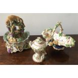 19th CENTURY CERAMIC INKWELL STAND (19cm high), ORNATE POSY BASKET AND CHERUB DECORATED VASE WITH