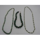 GRADUATED JADE AND CLOISONNE BEAD NECKLACE AND SIMILAR SMALLER BEAD NECKLACE, and a jade and pearl