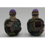 PAIR OF CHINESE POLYCHROME OVERLAY SNOWFLAKE GLASS SNUFF BOTTLES 20TH CENTURY with apocryphal four