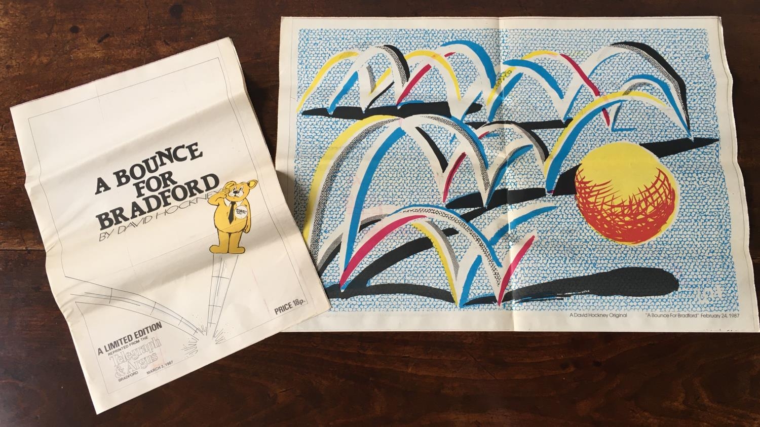 DAVID HOCKNEY, 'BOUNCE FOR FOR BRADFORD LIMITED EDITION LITHOGRAPH, Feb 24th 1987, newspaper