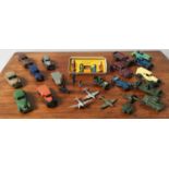 A DINKY TOYS NO.49 PETROL PUMPS AND OIL BIN IN ORIGINAL BOX and various Dinky cars, aeorplanes,