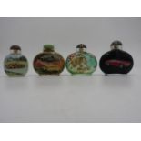 FOUR CHINESE REVERSE PAINTED GLASS SNUFF BOTTLE 20TH CENTURY painted with cars, a cougar and a