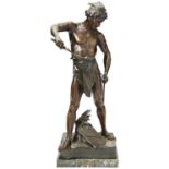 AFTER EMILE-LOUIS PICAULT PRO PUGNAM (AFTER THE FIGHT) a patinated spelter figure mounted on a green