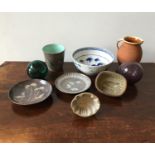 A 19th CENTURY PATE TERRINE AND JELLY MOULD, GLASS FISHING FLOATS AND STUDIO POTTERY PLATES, with