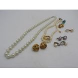 YELLOW METAL DRESS RING STAMPED 14K, DRESS BEAD NECKLACES, AND FIVE PAIRS OF EARRINGS, with eternity
