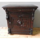 ORNATE 19th CENTURY CONTINENTAL OAK CARVED GOTHIC SIDE CUPBOARD, WITH HERALDIC DETAILING (99cm wide,