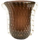 A LARGE MURANO VASE BY ROSSI the ribbed amethyst brown body with bubble inclusions and crimped